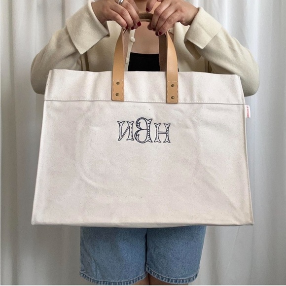 Handcrafted CB Station Cream monogram embroidered canvas tote bag. - Picture 2 of 8
